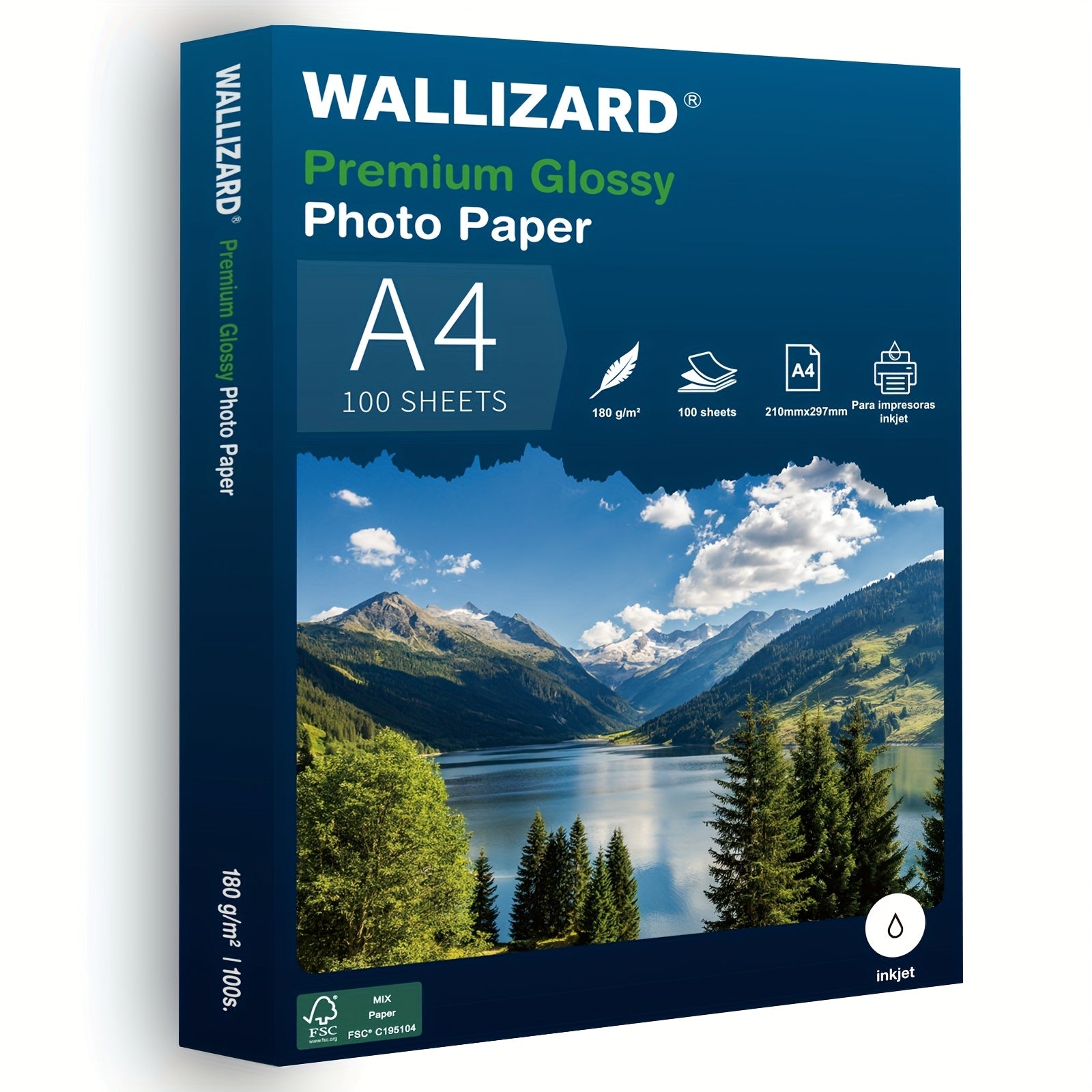 ورق صور WALLIZARD A4 عالي الجودة لامع من جهة واحدة، 180 جرام للطابعات الحبرية، 1 صندوق/100 ورقة