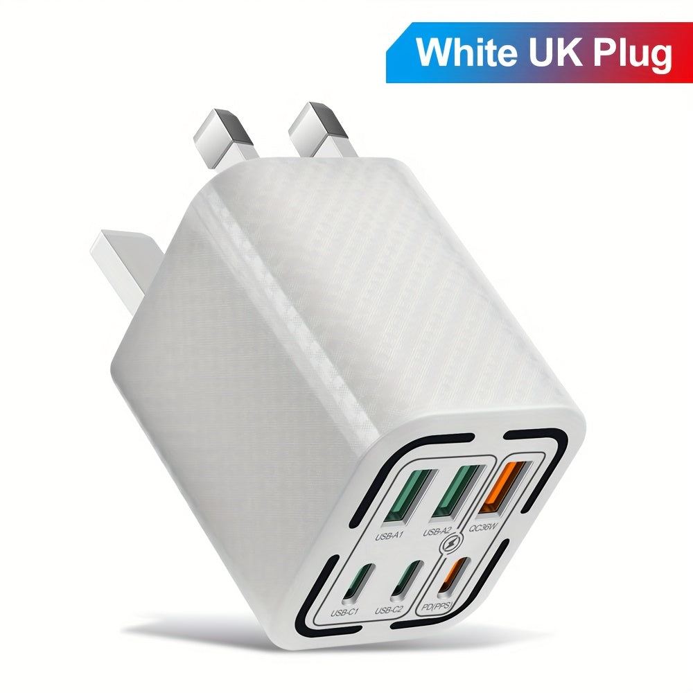 شاحن سريع متنقل 6 منافذ بقوة 50 واط - 3 منافذ PD + 3 منافذ USB - شاحن حائط بتوصيلة بريطانية مع دعم الشحن السريع QC
