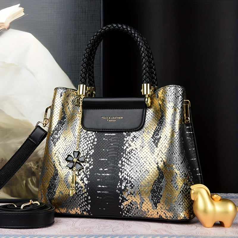حقيبة يد نسائية فاخرة بتصميم ريترو - سعة كبيرة، حزام كتف قابل للفصل، مادة PU، إغلاق بسحاب، زخرفة ذهبية ومقبض منسوج أسود | حقيبة أنيقة وحديثة