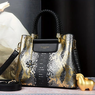 حقيبة يد نسائية فاخرة بتصميم ريترو - سعة كبيرة، حزام كتف قابل للفصل، مادة PU، إغلاق بسحاب، زخرفة ذهبية ومقبض منسوج أسود | حقيبة أنيقة وحديثة