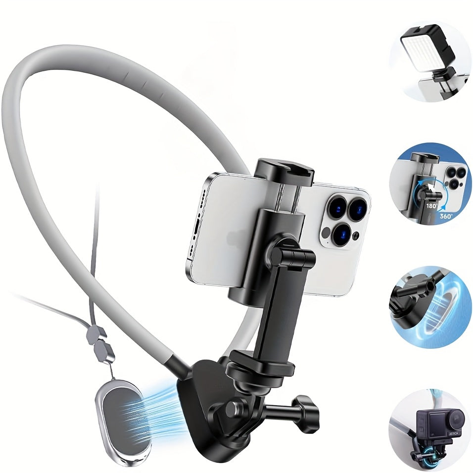 ZYsecurity حامل الرقبة للهاتف - حزام مطاطي ممتص للصدمات مع إمكانية التثبيت المغناطيسي، مثالي لتسجيل POV/Vlog، ثلاثية القوائم بدون استخدام اليدين، وحامل على الصدر، متوافق عالميًا مع الهواتف الذكية وكاميرات الحركة، حامل على الصدر | حامل ذراع قابل للتعديل |
