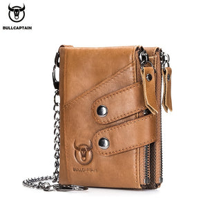 محفظة جلدية للرجال من بُل كابتن، مصنوعة من جلد عالي الجودة، تصميم غير رسمي مع مشبك وحبل سحب، مبطنة بنمط مربعات، حاملة متعددة البطاقات، سعة كبيرة، علبة بطاقات ائتمان سميكة من الطبقة الأولى - بني داكن