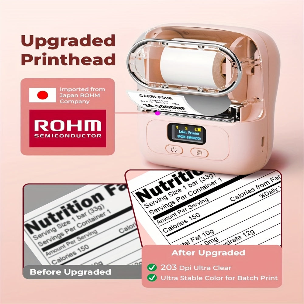 طابعة ملصقات فوميمو + مجموعة ورق حراري 1 لفة - طابعة ملصقات حرارية M110 باللون الوردي، صانعة ملصقات الباركود، مناسبة للشركات الصغيرة والمنازل والمكتب والشعار والعنوان والاسم والملابس والمنظمات، طابعة ملصقات محمولة صغيرة
