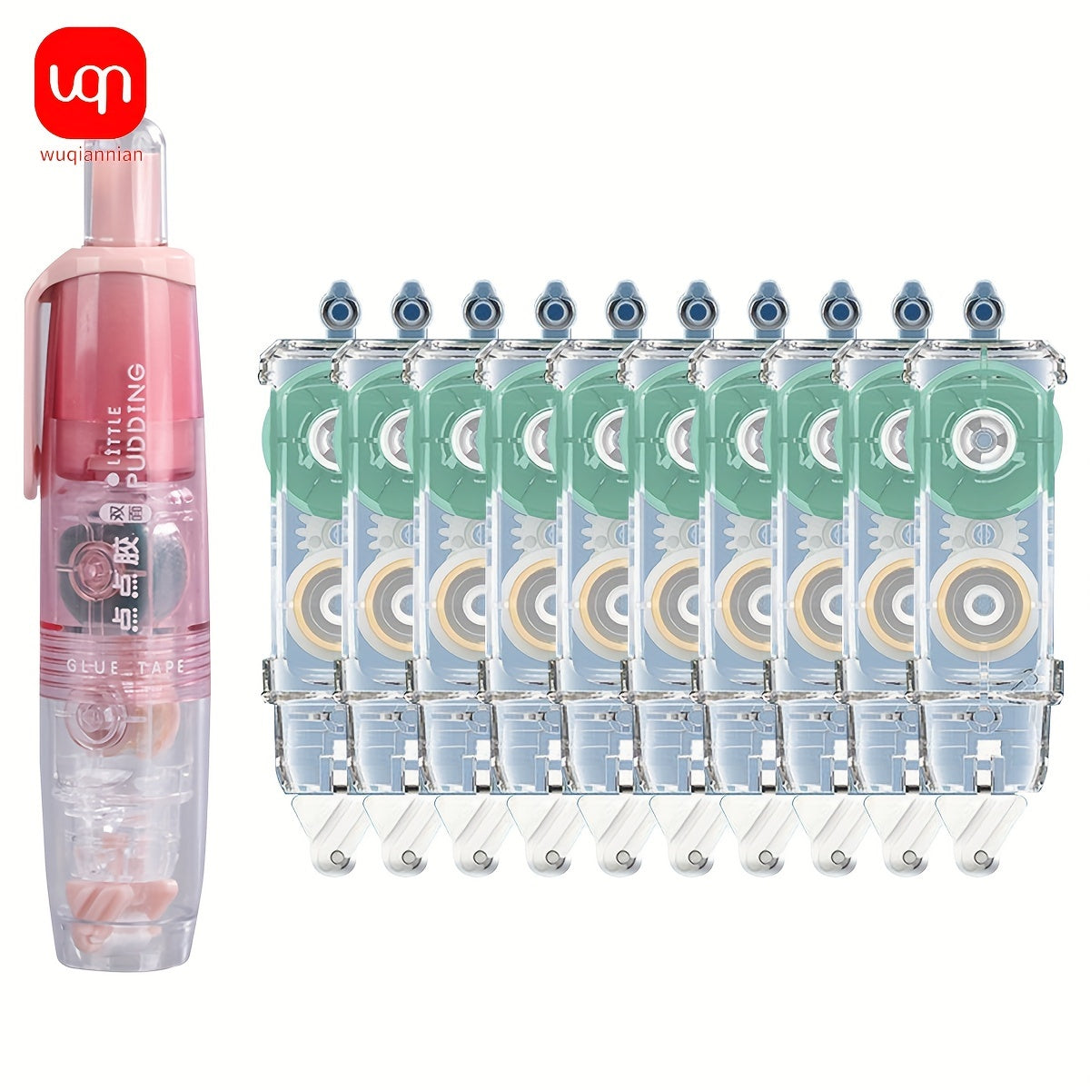 WQN سوبر كيوت - شريط لاصق ذو وجهين/شريط يدوي، التصاق قوي، دوران 360 درجة لسهولة الاستخدام، تصميم مشبك القلم سهل الحمل، ممحاة للمسح، مناسب للأعمال اليدوية، ألبومات المقاطع، المدرسة، المكتب