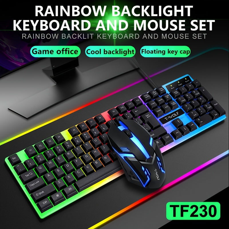 مجموعة لوحة مفاتيح وماوس سلكية TF230 Character Glow Edition، لوحة مفاتيح وماوس محمولة قابلة للربط عبر USB، مناسبة للأجهزة المحمولة وأجهزة الكمبيوتر المكتبي، 104 مفتاح مع إضاءة خلفية RGB، لوحة مفاتيح وماوس للألعاب لجهاز PS4 و Xbox و PC و Notebooks و Mac، 2