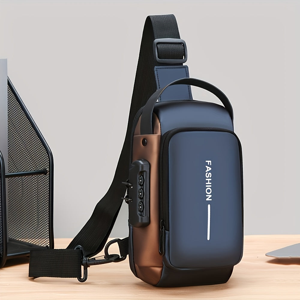 حقيبة كتف رجالية أنيقة - حقيبة صدر على طراز الدراجة النارية مع جيب للهاتف، إغلاق بسحاب، مناسبة للتنقل اليومي، متوفرة باللون الأزرق والأسود