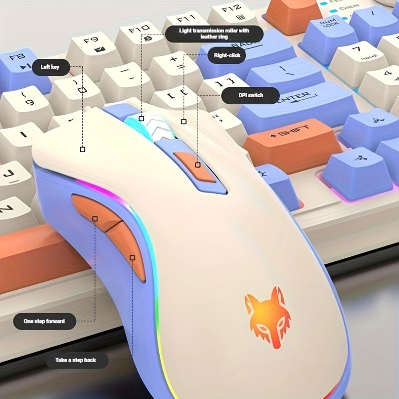 مجموعة ألعاب سلكية، 2 قطعة، ماوس ولوحة مفاتيح متعددة الألوان، لوحة مفاتيح وماوس مع إضاءة خلفية بألوان قوس قزح عبر USB، تصميم مريح مناسب للبصلة والكف من الجانبين للكمبيوتر الشخصي والكمبيوتر المحمول، لا يتطلب بطاريات، 94 مفتاحًا