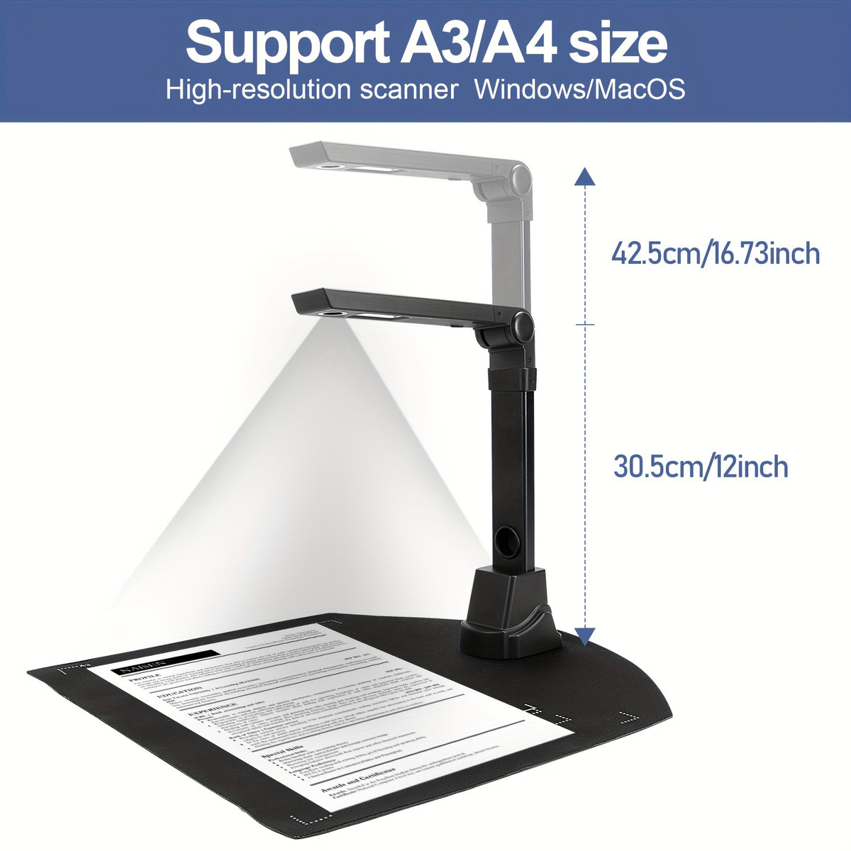 ماسح ضوئي وعدسة كاميرا NETUM بدقة 8 ميجابكسل، كاميرا عالية السرعة مع ماسح ضوئي محمول قابل للتعديل بمقاسات A3/A4 وإضاءة LED، مناسب للاستخدام في المكاتب والمدارس والمستشفيات والبنوك - لا يتطلب بطارية