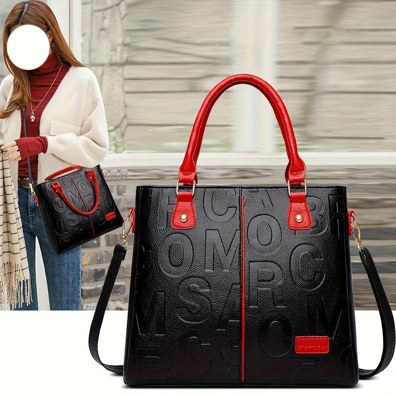 حقيبة كتف نسائية كبيرة الحجم من ليليا المثالية - مطبوعة بحروف، خياطة متباينة، حزام قابل للتعديل، إغلاق بسحاب، مصنوعة من السينثيتيك مع بطانة من البوليستر، مثالية للتنقل والاستخدام العادي.