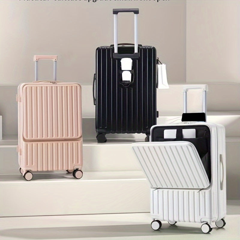 حقيبة سفر 20 بوصة بشاحن يو إس بي، قفل رقمي مضاد للسرقة، حامل كوب وعجلات دوارة 360 درجة صامتة - صندوق خارجي متين من ABS+PC بألوان الأبيض/الوردي/الأصفر/الأسود
