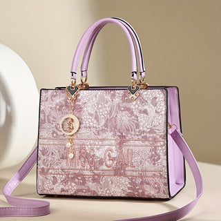 حقيبة توت نسائية بطباعة مع حزام كتف قابل للفصل، حقيبة يد أنيقة بقاعدة مضادة للانزلاق، لمسات بنفسجية وأدوات ذهبية اللون، تصميم "ميس جال", مثالية للاستخدام اليومي