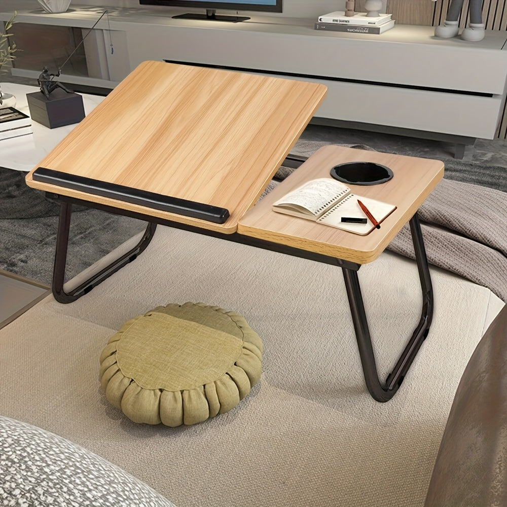 حامل كمبيوتر محمول قابل للطي مع حامل أكواب وتصميم فتحة، 5 مستويات قابلة للتعديل للانحناء والطي، طاولة محمولة للطعام، الكتابة، اللعب، العمل، الأريكة، مصنوع من الحديد