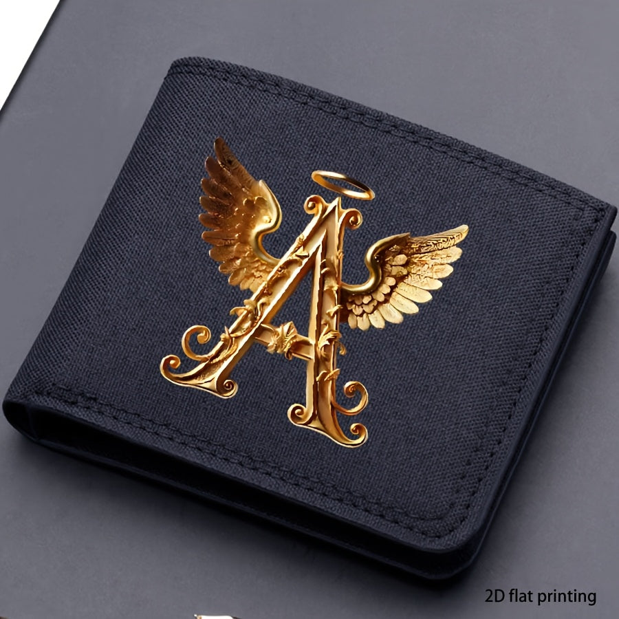 محفظة قماش رجالية بتصميم حروف ذهبية وأجنحة ملاك - حافظ بطاقات ثنائي الطي خفيف الوزن، منظم متعدد الفتحات، أسود وذهبي متباين للأناقة اليومية، هدايا عيد الحب ويوم الأب، محفظة أنيقة، إكسسوار عصري، طباعة عالية الجودة، منظّم مضغوط، لعشاق الموضة، تصميم 2D مسطح