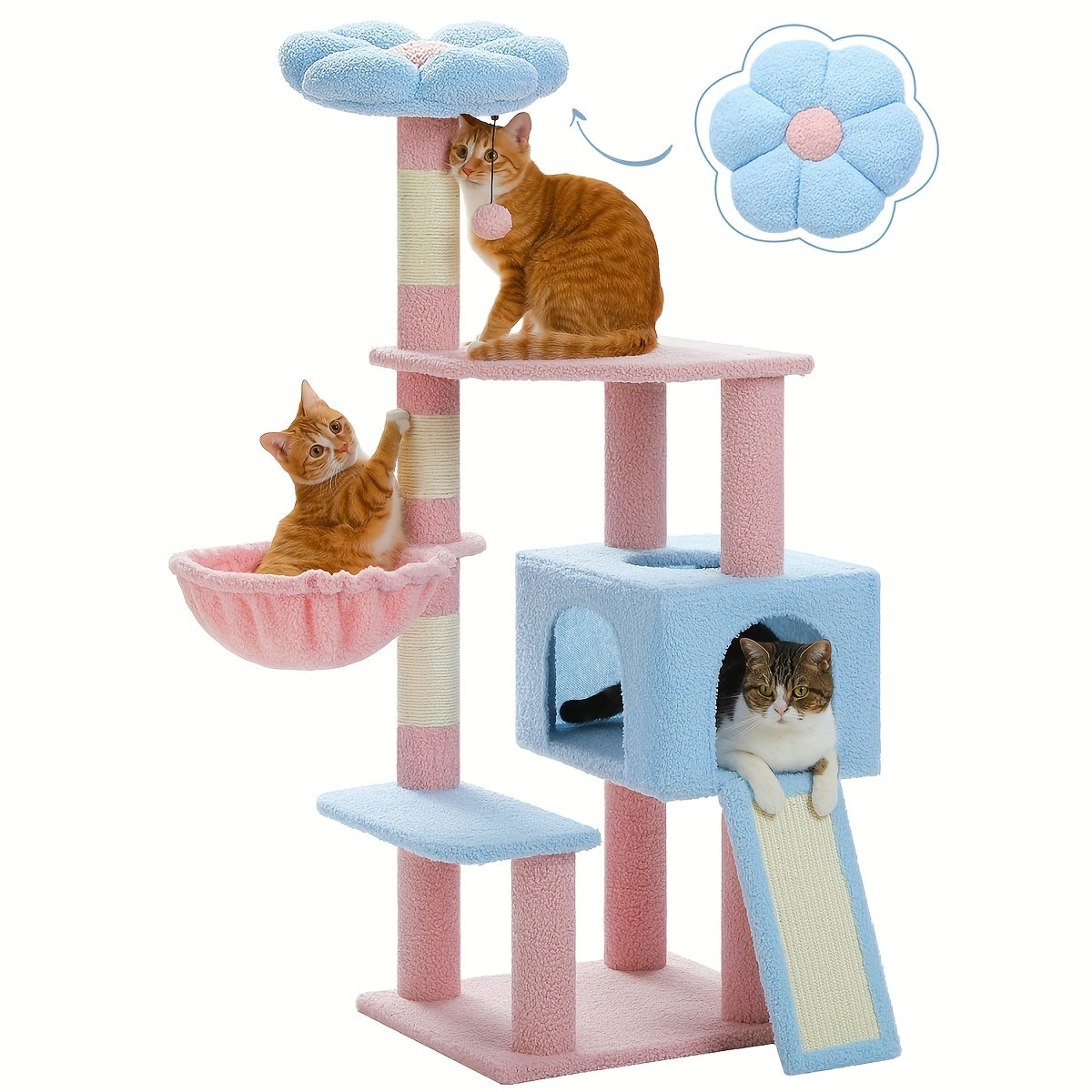 1 قطعة برج شجرة القطط متعدد المستويات Whisker Wonders مع أعمدة خدش من السيزال، شقة مريحة للقطط الداخلية، يشمل جثم ودرج، بناء خشبي متين، كرة لعب تفاعلية، برج تسلق للقطط | أثاث زخرفي للقطط | قماش ناعم من القطيفة
