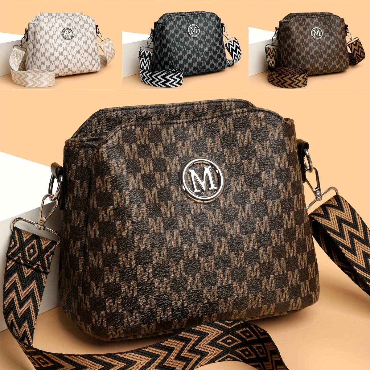 حقيبة كتف نسائية جديدة بطباعة حروف وطراز هاوندستوث مع شعار "M" فضي، حقيبة بوهيمية بحمالة واسعة للتنقل اليومي والسفر والمناسبات الرسمية، منظّم تخزين، حافظة أحمر شفاه، حقيبة مكياج، محفظة، هدية لصديقة المفضلة، حقيبة يد وحقيبة توت
