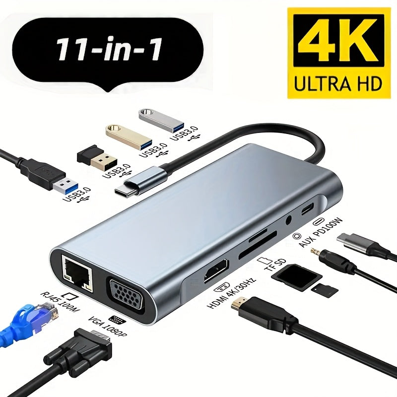 محور USB C 4K 30 هرتز من النوع C إلى HDTV متوافق مع محول USB 3.0 11 في 1 محور نوع C توسيع قاعدة PD 87 واط USB C مقسم لجهاز MacBook Pro Air