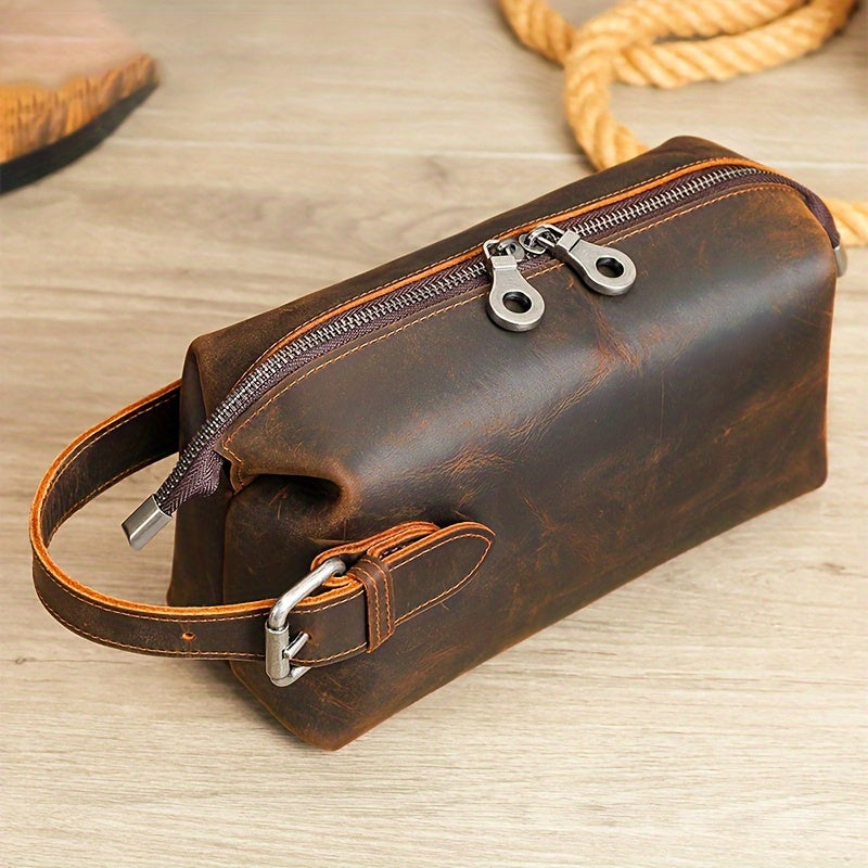 NIUCUNZH حقيبة مستحضرات تجميل جلد كريزي هورس للرجال - سعة كبيرة متعددة الوظائف مع حجرة ماكينة الحلاقة ، تصميم بني وأسود ، مثالي للسفر والتنقل اليومي ، حقيبة مستحضرات تجميل للسفر | حقيبة نمط عتيقة | إغلاق بسحاب متين