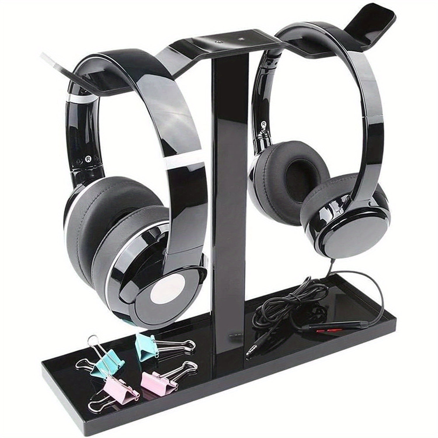 1 قطعة Nepto Dual Headphone Stand للمكتب - سبيكة ألومنيوم ومعدنية حامل سماعات الألعاب مع تركيب العرض لـ Sennheiser، Sony، Audio-Technica، Bose، Beats - لمسة سوداء، سعة Akg، تشمل إدارة كابل الشحن، تركيب المكتب لسماعات الرأس