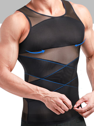 قميص ضغط للرجال من سكاربو وستة تحكم بالبطن - قميص شبكي تنفسي لتشكيل الجسم، تصميم شبه شفاف عالي المرونة لجميع الفصول، للجيم والملابس العادية والعرضية، أسلوب نصف الضغط | سترة شبكية تنفس