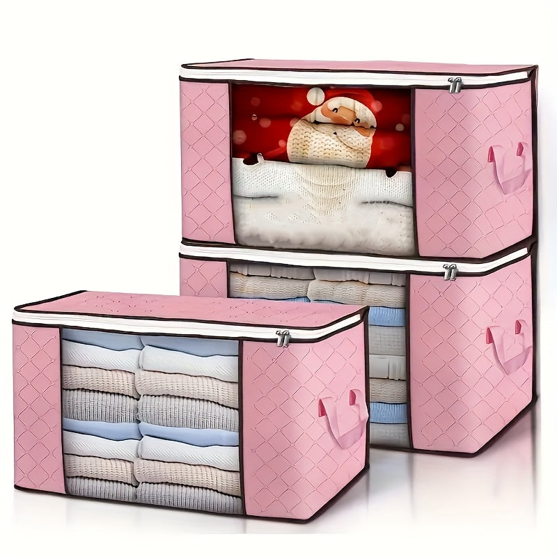 حزمة من 3 أكياس تخزين قابلة للطي كبيرة - قماش غير منسوج، شكل ثماني الأضلاع مع إغلاق قفل آمن، تصميم كلاسيكي للألحفة والبطانيات ووسائد - تنظيم موفر للمساحة تحت السرير، تخزين خزانة الملابس، تنظيم متعدد الاستخدامات لمنزل