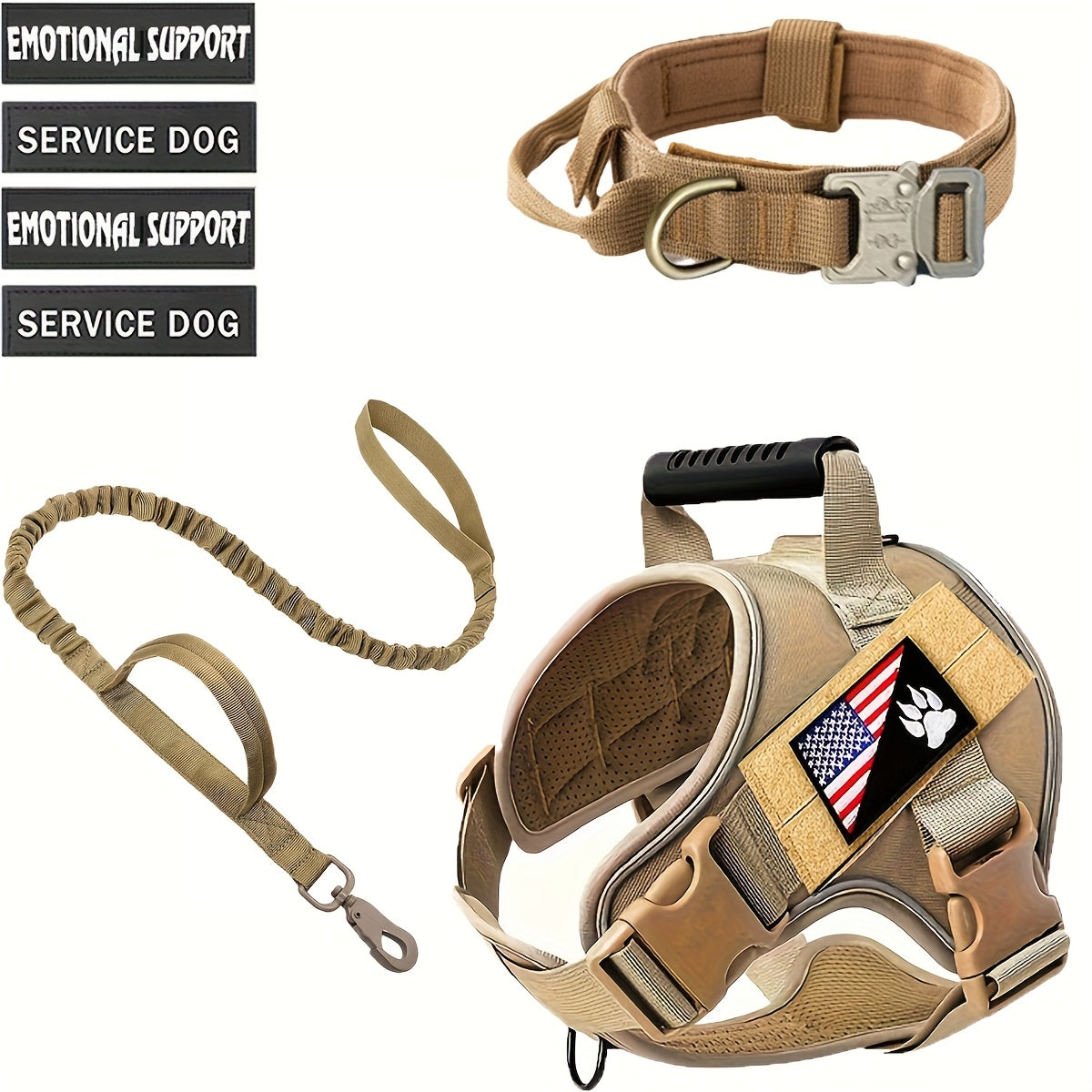 مجموعة 3 قطع من سترة الحيوانات الأليفة التكتيكية مع ياقة وحبل وربطة - معدات كلبية بتصميم عسكري متين للراحة والأناقة، تتضمن علامة كلب الخدمة النفسية، سترة كلب الخدمة | سترة قابلة للتعديل | مقود متين