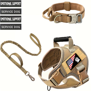 مجموعة 3 قطع من سترة الحيوانات الأليفة التكتيكية مع ياقة وحبل وربطة - معدات كلبية بتصميم عسكري متين للراحة والأناقة، تتضمن علامة كلب الخدمة النفسية، سترة كلب الخدمة | سترة قابلة للتعديل | مقود متين