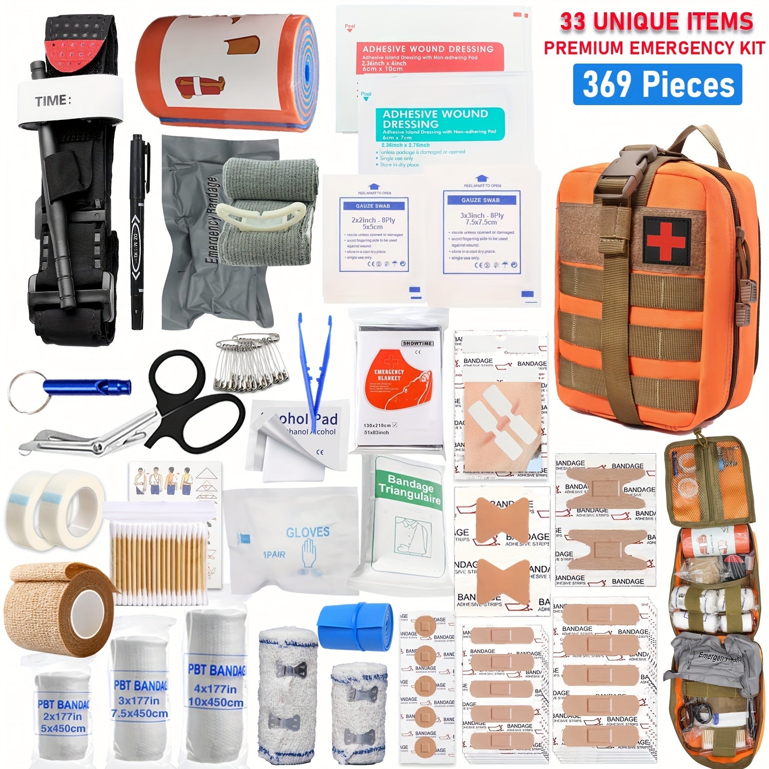 369 مجموعة إسعافات أولية النهائية، 33 نوعًا من معدات النجاة في حالات الطوارئ الخارجية، مناسبة للمشي لمسافات طويلة والتخييم والصيد والسيارات واليخوت والسفر والمغامرات، هدايا مثالية للرجال والأحباء - تشمل مقصات ومقصات وإسقاطات وأكثر من ذلك.