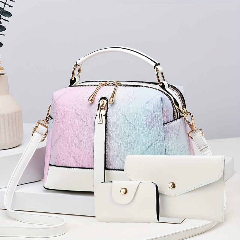 مجموعة حقائب يد نسائية أنيقة مكونة من 3 قطع - حقيبة كتف أنيقة بنمط هندسي، حقائب متباينة للظهر واليد العليا، /بلون جينز/أبيض، إغلاق بسحاب، حزام قابل للفصل، أناقة غير رسمية، أناقة عصرية متعددة الاستخدامات|حقيبة بنمط هندسي|حقيبة