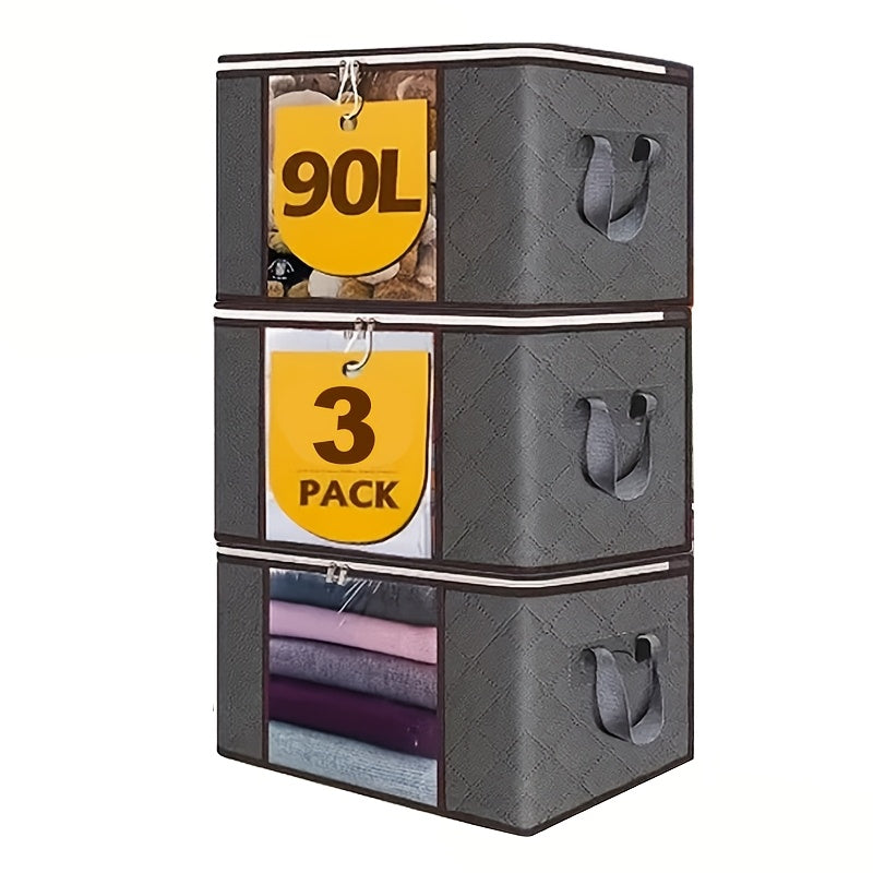 3 قطع أكياس تخزين ملابس قابلة للطي بسعة كبيرة مع مقابض معززة، سحاب قوي، ونافذة شفافة - منظم مبطن باللون الرمادي للبطانيات والفراش وأساسيات الخزانة، منظم تخزين الملابس