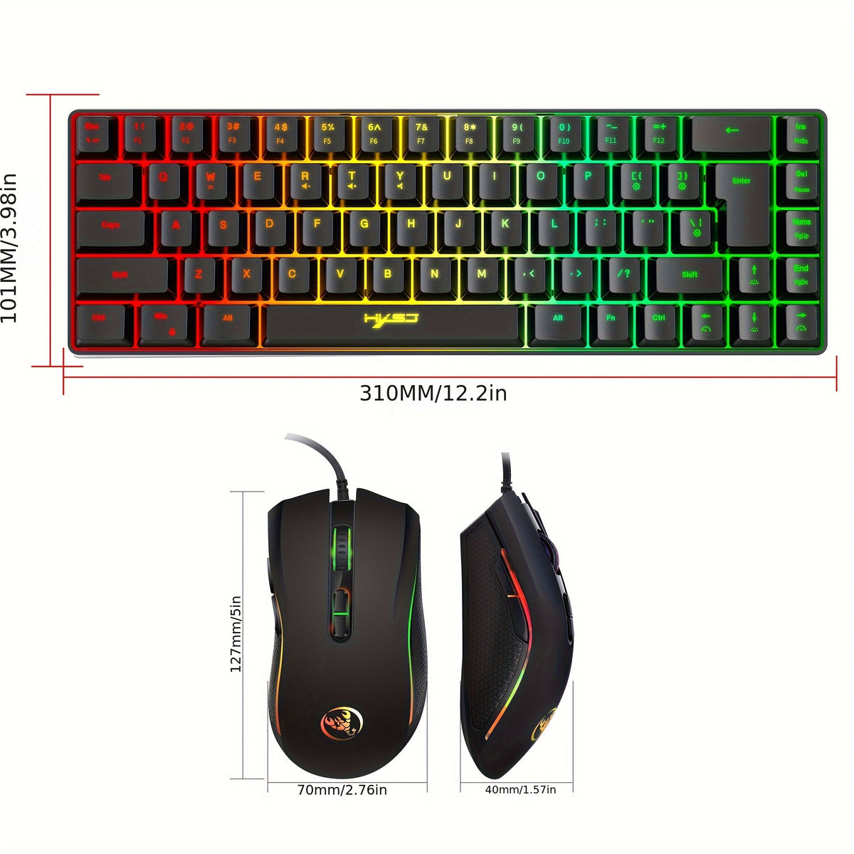 مجموعة لوحة مفاتيح وماوس للألعاب HXSJ RGB بإضاءة خلفية، تصميم مدمج بسلك 68 مفتاح مع DPI قابل للتعديل (1200-3200)، بناء ABS مريح للكمبيوتر الشخصي، اللابتوب، PS4، Xbox، Mac - أسود مع إضاءة خضراء وحمراء