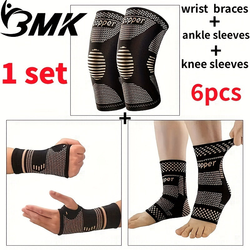 6 قطع ضغط نحاسي محبوك للرياضة: 2 قطعة من دعامات المعصم النحاسية، 2 قطعة من أكمام الركبة النحاسية، 2 قطعة من أكمام الكاحل النحاسية للياقة البدنية، الجري، ركوب الدراجات، كرة القدم، رفع الأثقال، التنس، الكرة الطائرة، الحياة اليومية!، أفضل للاحتفال بعيد الميل