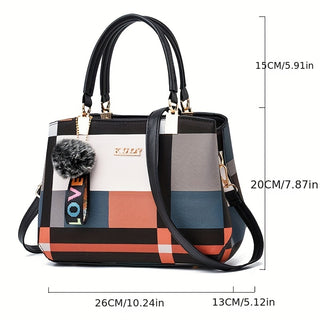 حقيبة كروسبودي نسائية عصرية بنقشة مربعات مع تعليقة منفوشة - حقيبة يد جلد صناعي متعدد الألوان، مقبض علوي وحزام قابل للفصل، إغلاق بسحاب للعمل والاستخدام اليومي - أسود مع لمسات حمراء/أبيض/رمادي