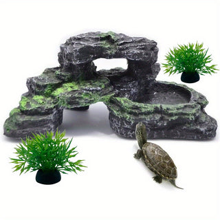 منصة سلحفاة من الراتينج مع عشب صناعي - موطن متعدد المستويات للزواحف والبرمائيات الصغيرة، السلاحف، الضفادع - 18.03x11.94x6.86 سم زينة حوض السمك، منصة استلقاء ومنطقة استحمام، إكسسوار تيراريوم، سطح ملمس، تصميم متين، ديكور تيراريوم، مخبأ للسحالي، مظهر طبيعي،