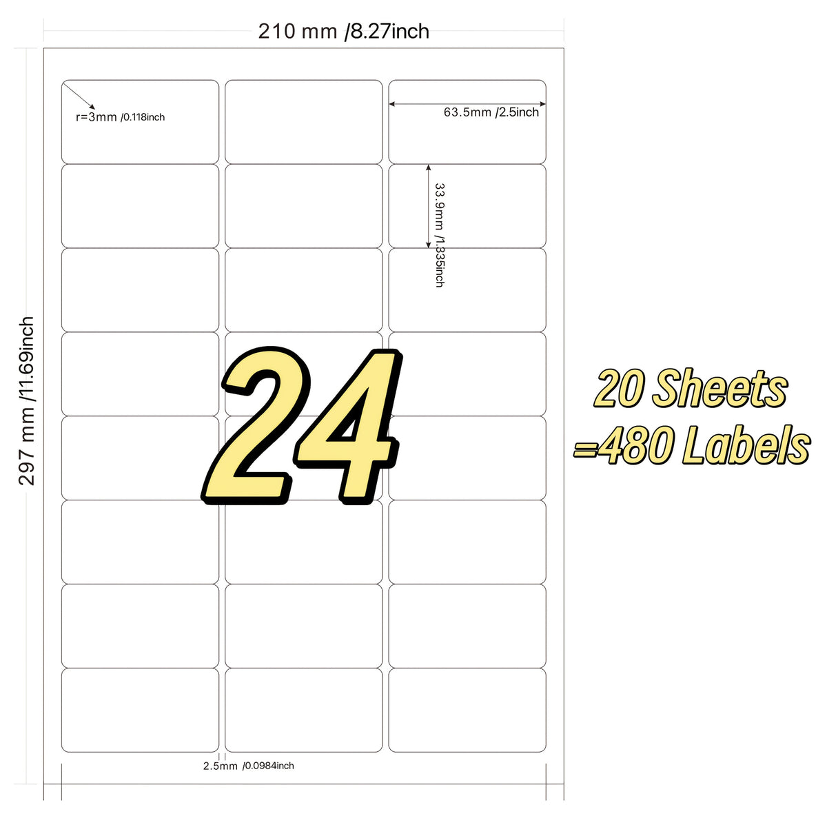 20 ورقة (480 ملصق) متوافقة مع Avery L7159 ورق تسميات العناوين المطفي - ملصقات ذاتية اللصق بيضاء للطابعات الليزر والحبر، 63.5x33.9 مم، مستلزمات مكتبية وبريدية