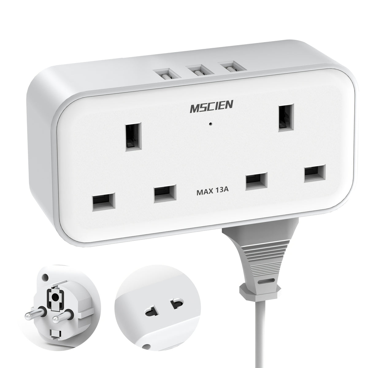 MSCIEN 3-Outlet محول طاقة أوروبي مع حماية من الصدمات، 2 منافذ USB، مواد مقاومة للحريق - مثالي للسفر من المملكة المتحدة إلى أوروبا واستخدام المكتب، 250 فولت، أقصى قوة 3250 وات، محول طاقة للسفر | محول طاقة حديث | مواد مقاومة للحريق، محول طاقة للسفر