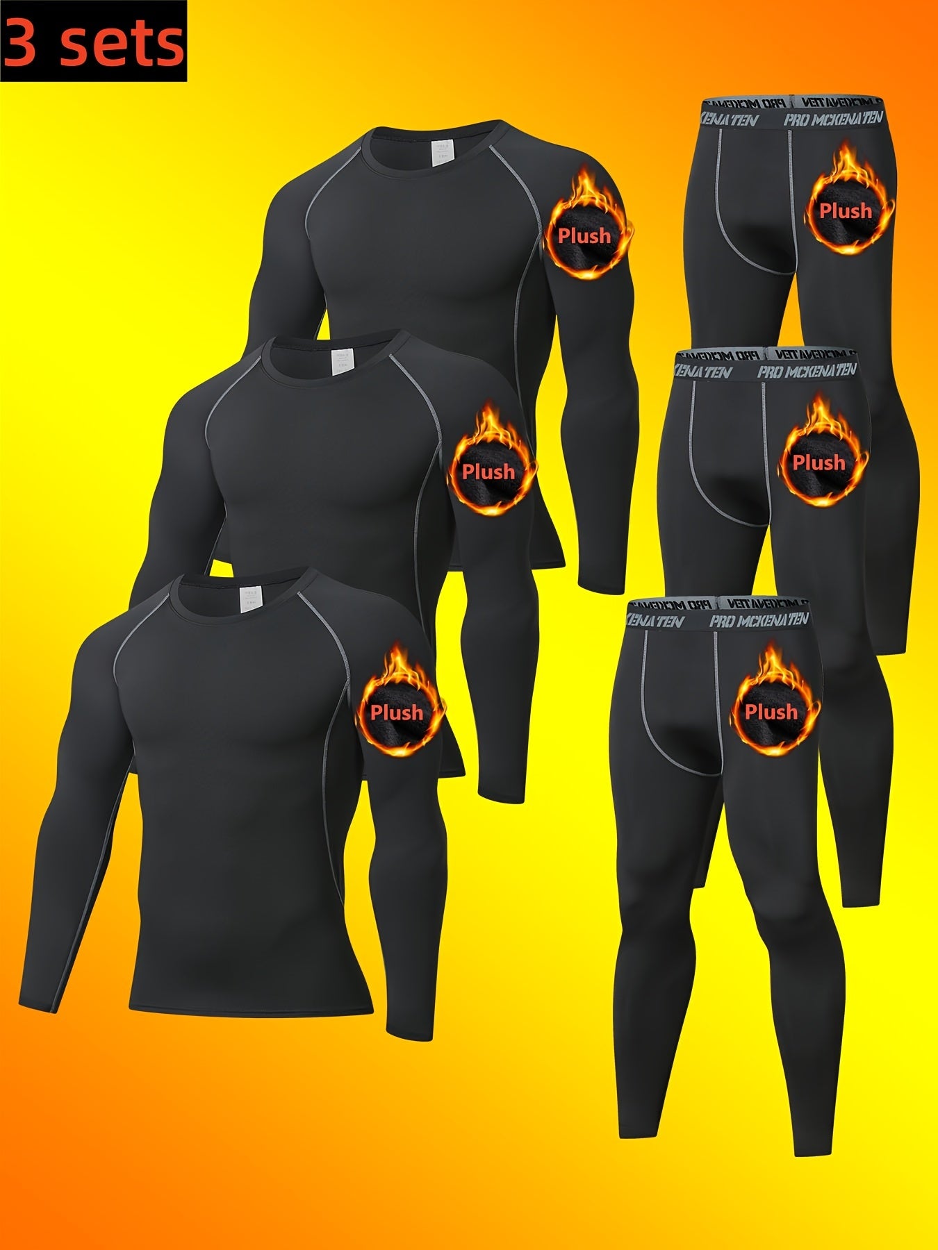 3 مجموعات من ملابس الرياضة الرجالية الفاخرة المبطنة بالفليس، بأكمام طويلة وياقة مستديرة من البوليستر، نسيج محبوك، يسمح بمرور الرطوبة، تنفس، ملابس ضيقة، عالية التمدد، بلون صلب، مناسبة للجري، التزلج، الرياضات الخارجية - الخريف/الشتاء