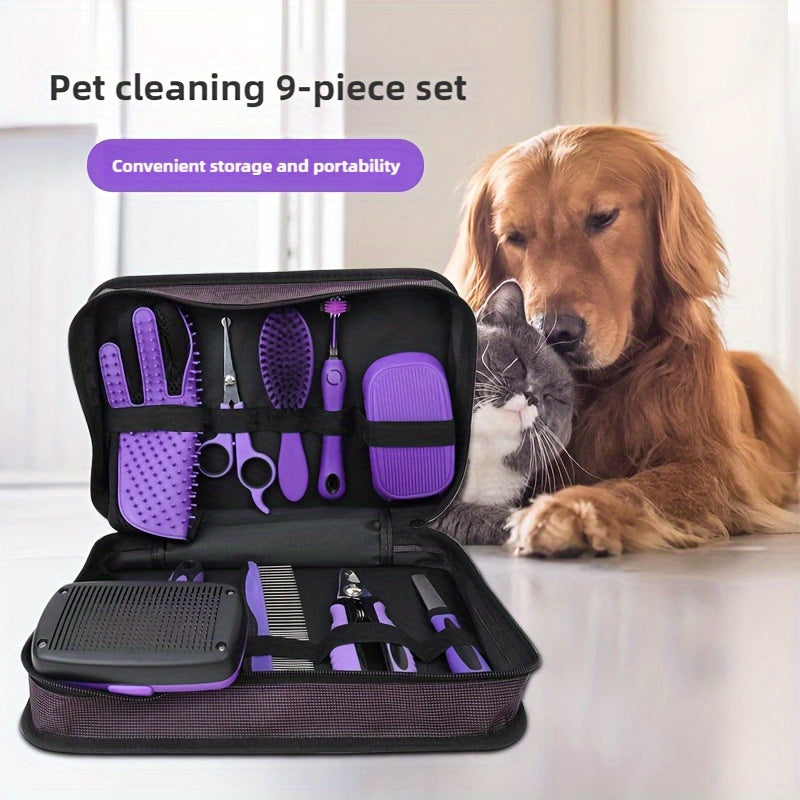 مجموعة مشط الحيوانات الأليفة من 9 قطع - مقص تجميل للحيوانات الأليفة، إبرة لإزالة الشعر، مشط القطع، قاطع أظافر، قفازات تدليك القطط، فرشاة أسنان، جهاز ثقب الأظافر