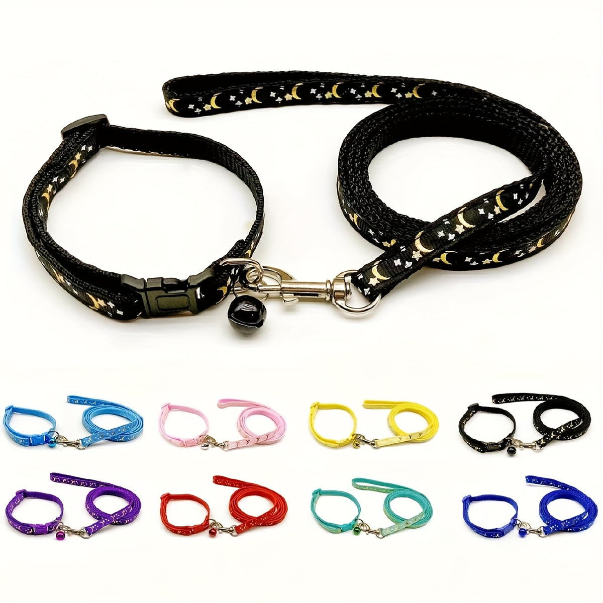 طقم من 8 قطع من أشرطة الحيوانات الأليفة والأساور. تصميم بنمط النجوم والقمر، أساور قابلة للتعديل، مناسبة للقطط والكلاب.