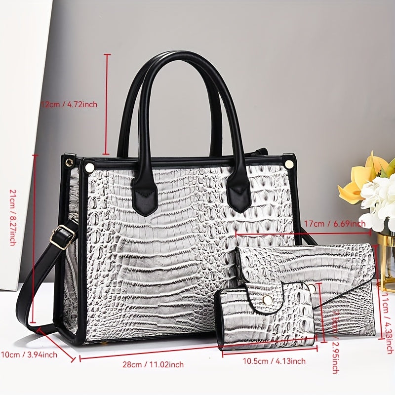 حقيبة كلاسيكية عالية الجودة بسعة كبيرة بنمط تمساح فاخر خفيف، عملية وأنيقة، تتميز بتفاصيل منقوشة، مناسبة للنساء كحقيبة يد أنيقة أو حقيبة كتف.