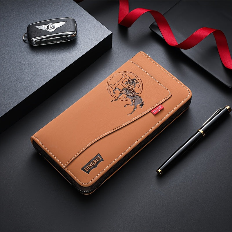 محفظة رجالية طويلة بسحاب - حامل متعدد البطاقات بسعة كبيرة بتصميم محفور على شكل حصان وسيف، محفظة بنية من الجلد الصناعي بأسلوب الأعمال للهاتف والفتحات للمفاتيح والبطاقات، إكسسوار أنيق، إغلاق سحاب آمن