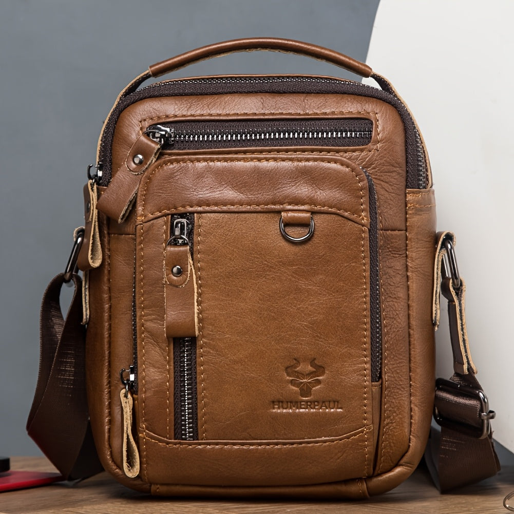 حقيبة كتف رجالية عتيقة من الجلد الطبيعي مع حزام قابل للتعديل، حقيبة ظهر متعددة الأقسام للأعمال الكاجوال، بني فاتح، سعة عالية، هدية مثالية له، حقيبة كروس صغيرة