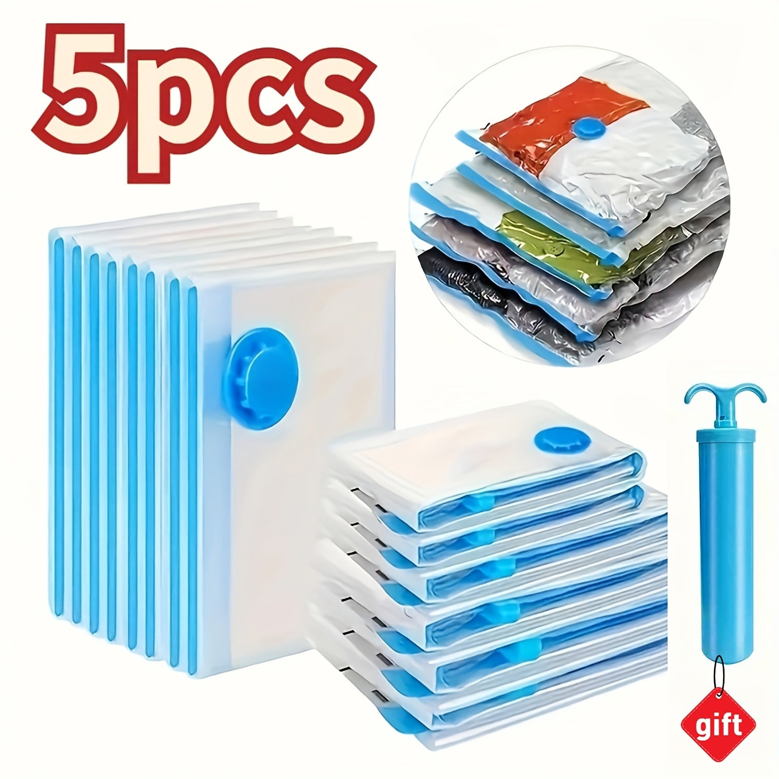 مجموعة أكياس تخزين بالشفط 5 قطع مع مضخة - منظف محمول وموفر للمساحة للسفر، الملابس، البطانيات، الفراش، هدايا العطلات، حل تغليف الحقائب، منظم السفر/حقيبة ملابس/حافظة حماية الملابس