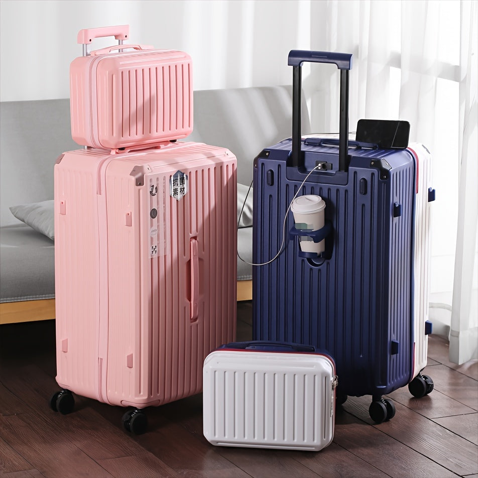 مجموعة السفر المكونة من 2 قطع: حقيبة سفر أنيقة من ABS+PC وحقيبة مكياج مع قفل TSA، منفذ شحن USB، حامل أكواب وخطاف - متعددة الاستخدامات للأعمال والترفيه، سعة كبيرة، مقاسات متعددة (13 بوصة، 22 بوصة/24 بوصة/26 بوصة/28 بوصة) - متوفرة باللون الأسود، الأبيض، الو