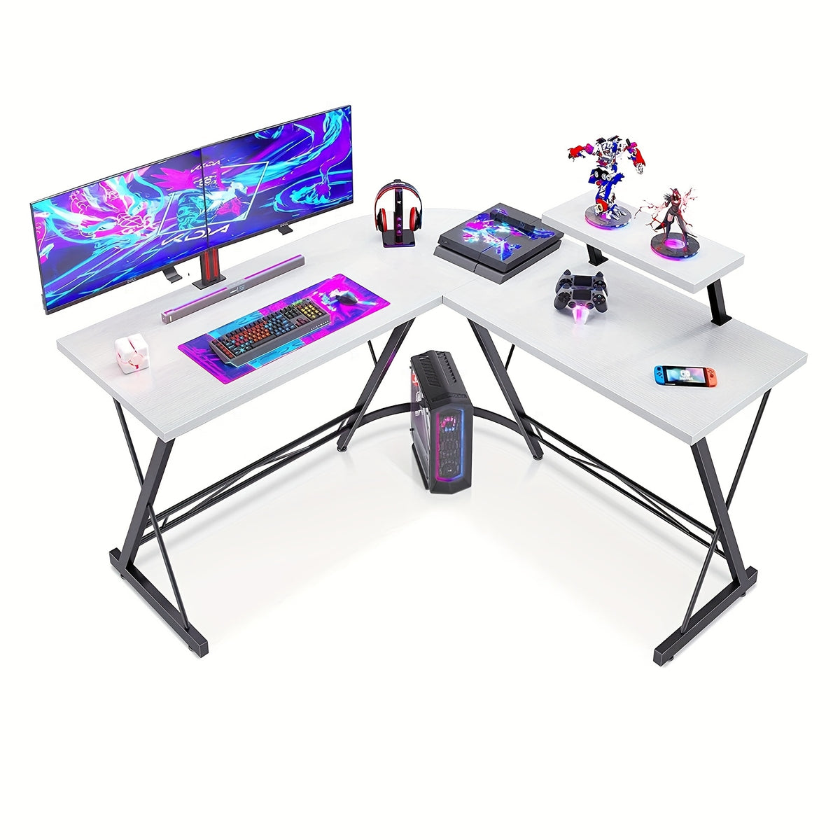 مكتب كمبيوتر زاوية، طاولة ألعاب على شكل حرف L مع حامل شاشة كبير للمكتب المنزلي، محطة عمل كتابة متينة، مكتب ألعاب مع رف، توفير مساحة، أبيض