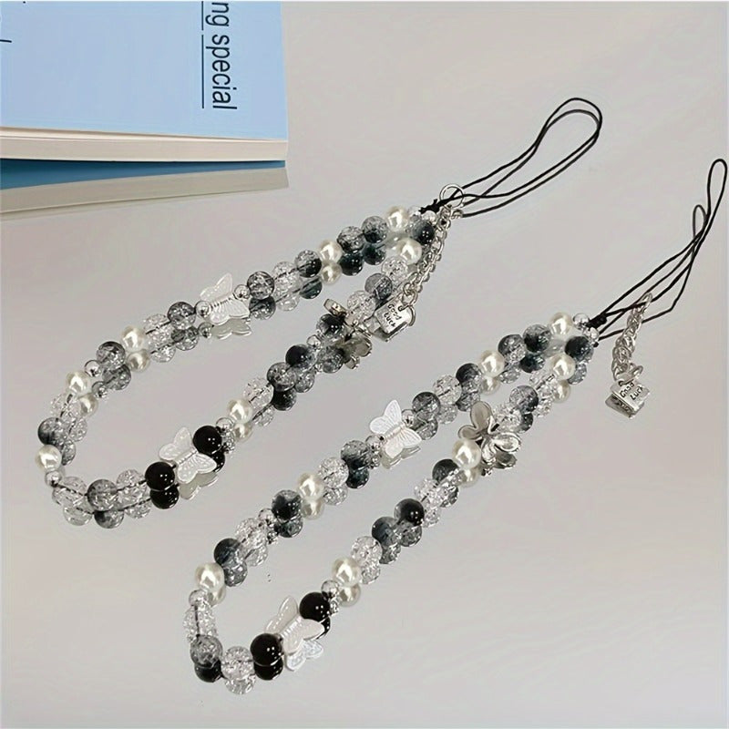 سلسلة هاتف فراشة ثلاثية الأبعاد Y2K - قلادة أنيقة لشريط هاتف iPhone و Samsung | إكسسوار جوال فاخر مع لؤلؤ براق وخرز أسود، حامل هاتف محمول | تصميم فراشة | حزام هاتف متين، حامل هاتف فراشة