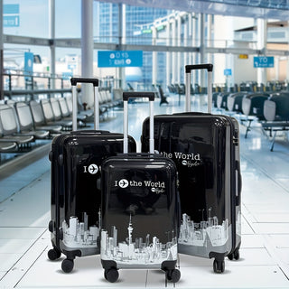 مجموعة حقائب دوارة 3 في 1 بنمط العالم - هيكل أسود ABS+PC هجين، قفل كومبيناسيون دوار 360 درجة، مقبض من سبائك الألومنيوم، إغلاق بسحاب، متينة وخفيفة الوزن للسفر، حقائب للسفر