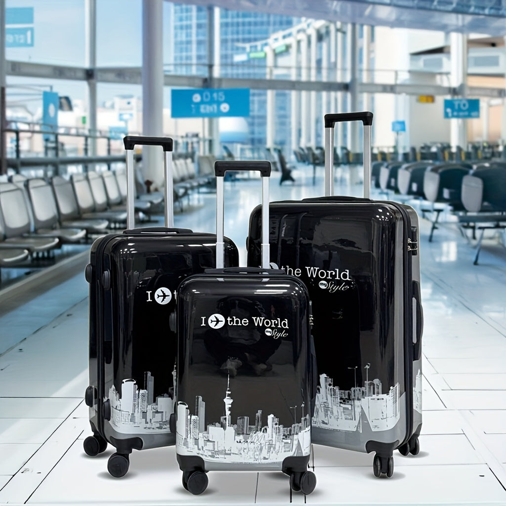 مجموعة حقائب دوارة 3 في 1 بنمط العالم - هيكل أسود ABS+PC هجين، قفل كومبيناسيون دوار 360 درجة، مقبض من سبائك الألومنيوم، إغلاق بسحاب، متينة وخفيفة الوزن للسفر، حقائب للسفر