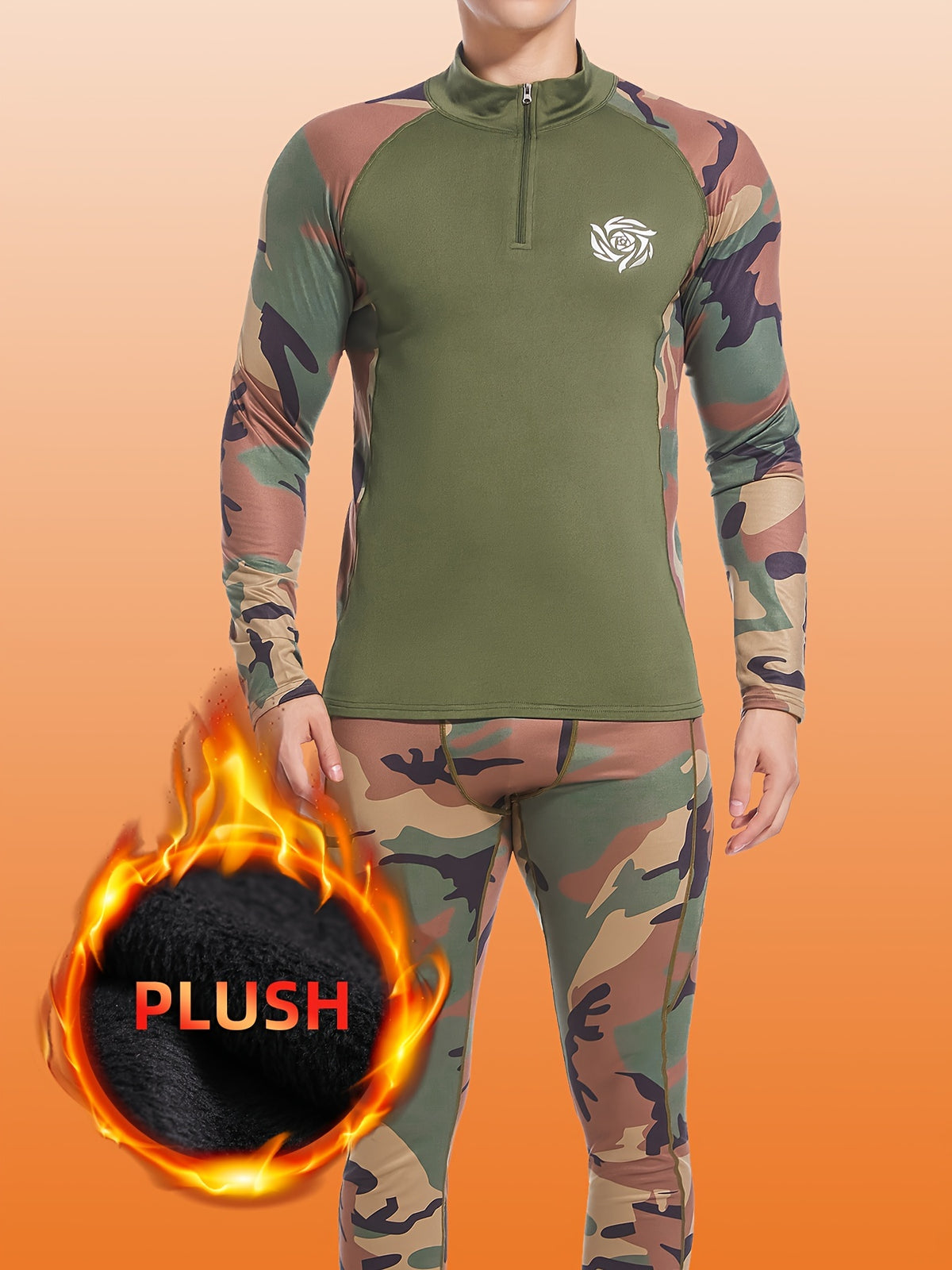 مجموعة ملابس داخلية حرارية للرجال - قميص بأكمام طويلة وياقة طاقمية مموهة مع سحاب وبنطلون من القطيفة المبطن بالصوف، مزيج بوليستر عالي التمدد للرياضة واليوجا والمشي لمسافات طويلة والملابس العادية - طبقة أساسية دافئة للخريف/الشتاء