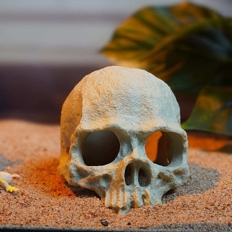 ديكور حوض السمك على شكل جمجمة من الراتينج - زينة حوض السمك الواقعية، مادة آمنة وغير سامة، مثالية للأسماك الصغيرة والزواحف، سلسلة كهف أكواسكايب ممتعة ومتينة، ديكور مائي آمن | تحسين الحوض | عنصر مائي ممتع، ملحقات الحوض