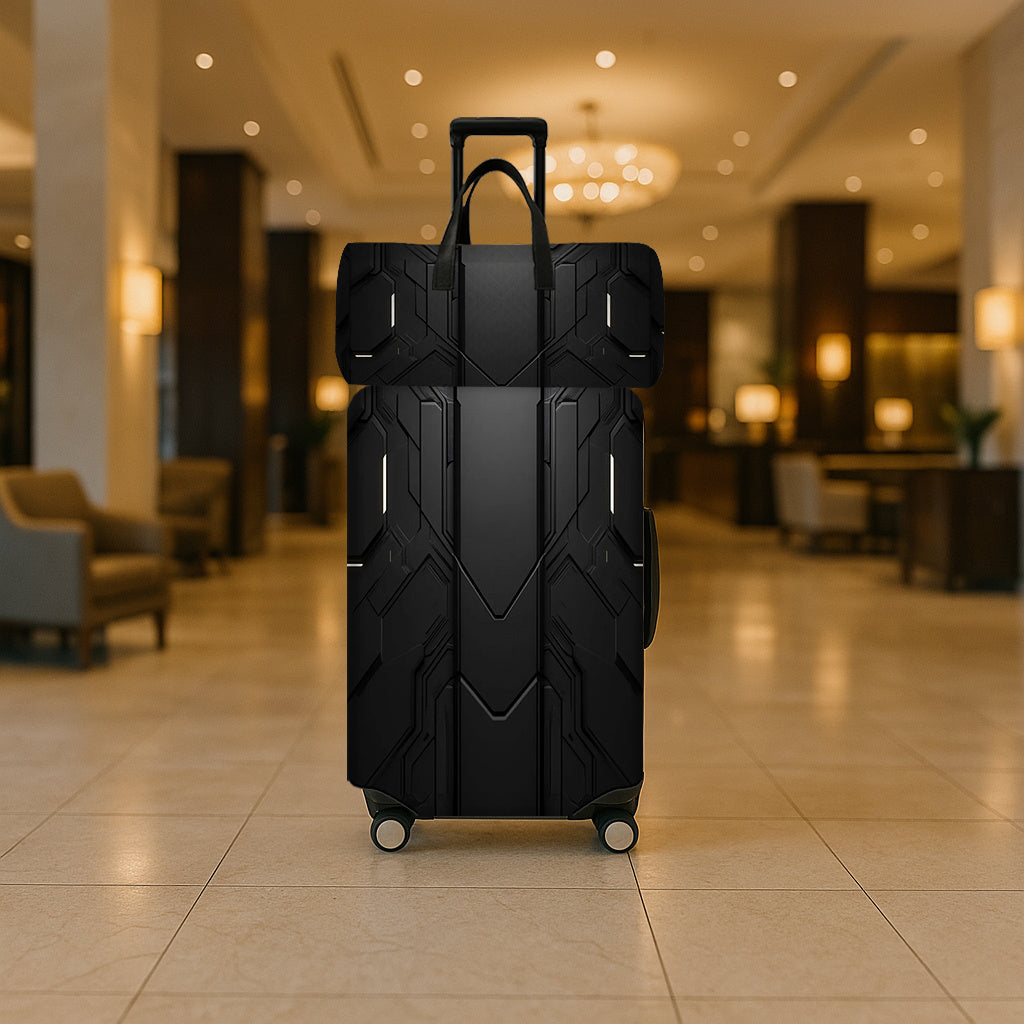 2 قطعة، مجموعة أمتعة مطبوعة بنقوش هندسية سوداء مع غطاء حقيبة سفر وحقيبة سفر، تضيف الأناقة إلى حياتك بتصميمها الفريد؛ إكسسوارات سفر أساسية لتلبية احتياجاتك الشخصية في الرحلات والخروجات